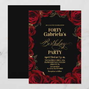 40th Birthday Party Black Red Gold Floral Invitation
