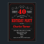 40th Birthday Party - Black Red White Invitation<br><div class="desc">40th Birthday Party Invitation.
Elegant black,  red,  white retro design with chalkboard pattern and script font. Cheers to 40 years! Message me if you need further customization.</div>