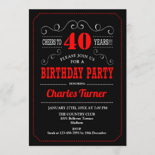 40th Birthday Party - Black Red White Invitation