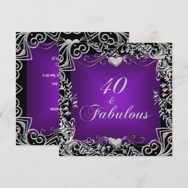 40th Birthday Party Black Silver Deep Purple Invitation (Front/Back)