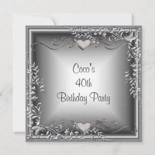 40th Birthday Party Black Silver Floral Invitation