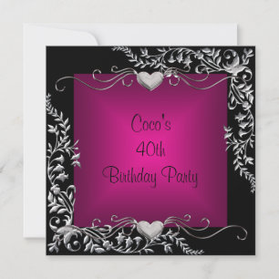 40th Birthday Party Black Silver Floral Pink Invitation