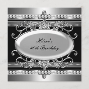 40th Birthday Party Black & Silver Flower Pearl Invitation
