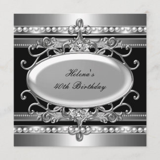 40th Birthday Party Black & Silver Flower Pearl Invitation