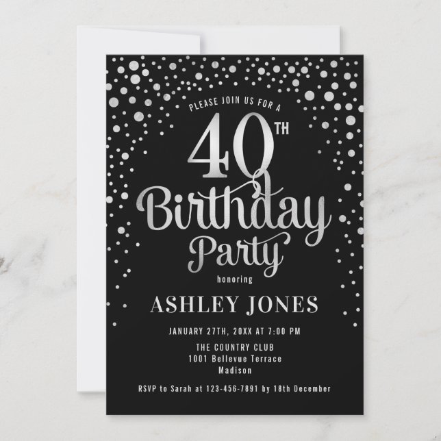 40th Birthday Party - Black & Silver Invitation (Front)