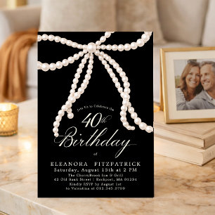 40th Birthday Party Black White Coquette Pearl Bow Invitation