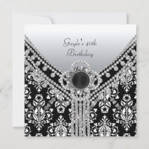 40th Birthday Party Black White Damask Diamond Invitation