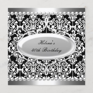 40th Birthday Party Black White Damask Floral Invitation