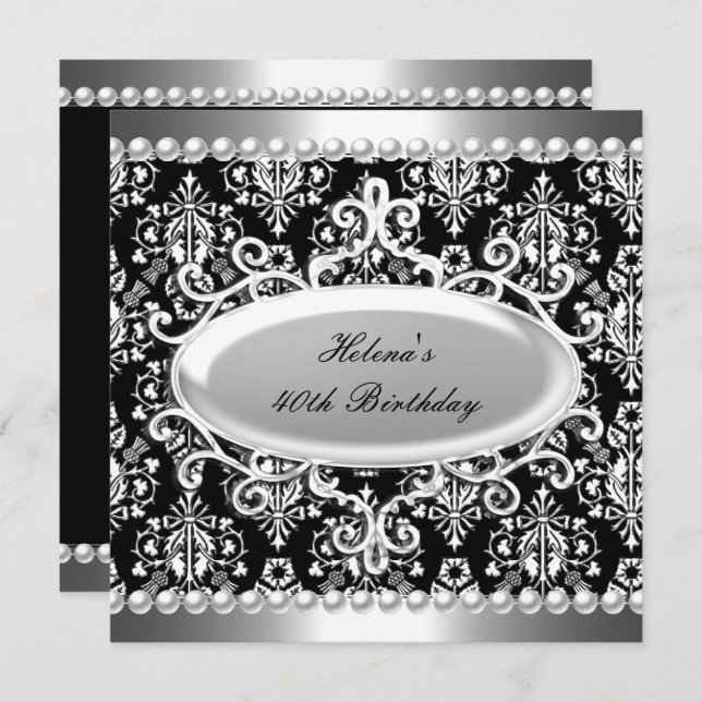 40th Birthday Party Black White Damask Pearl Invitation (Front/Back)