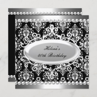 40th Birthday Party Black White Damask Pearl Invitation