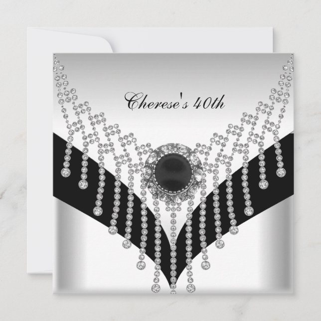 40th Birthday Party Black White Diamond Jewel Invitation (Front)