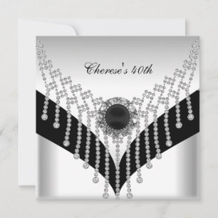 40th Birthday Party Black White Diamond Jewel Invitation
