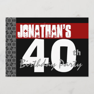40th Birthday Party Black White Pattern and Red Invitation