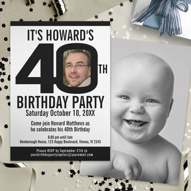 40th Birthday party black white photo Invitation (Creator Uploaded)