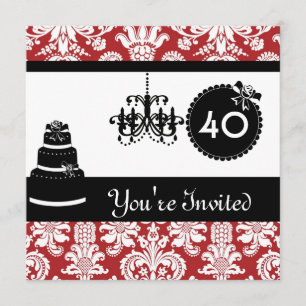 40th Birthday Party Black & White & RED Damask IVI Invitation