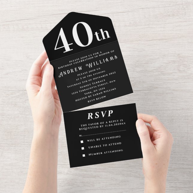 40th Birthday Party Black White Simple Modern All In One Invitation (Tearaway)