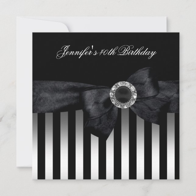 40th Birthday Party Black White Stripe Diamond Invitation (Front)