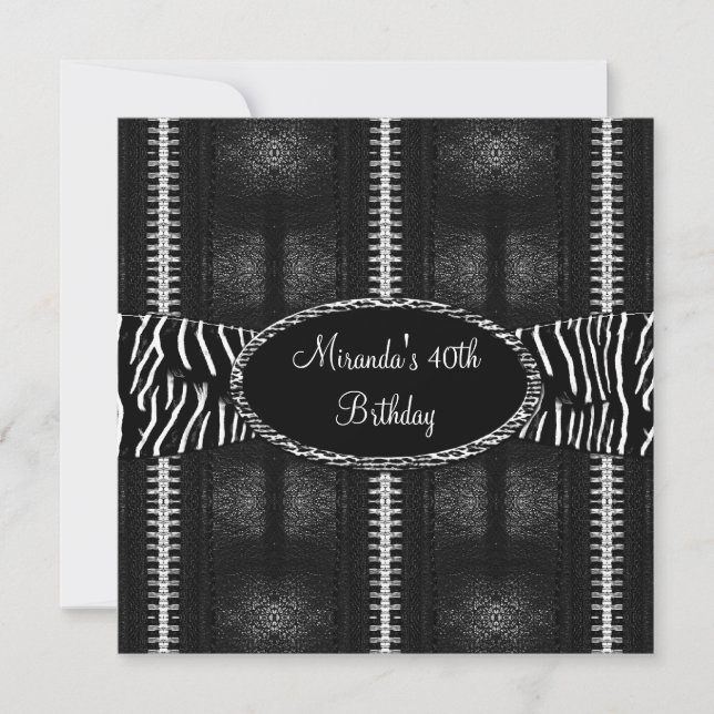 40th Birthday Party Black White Zebra Zipper Invitation (Front)