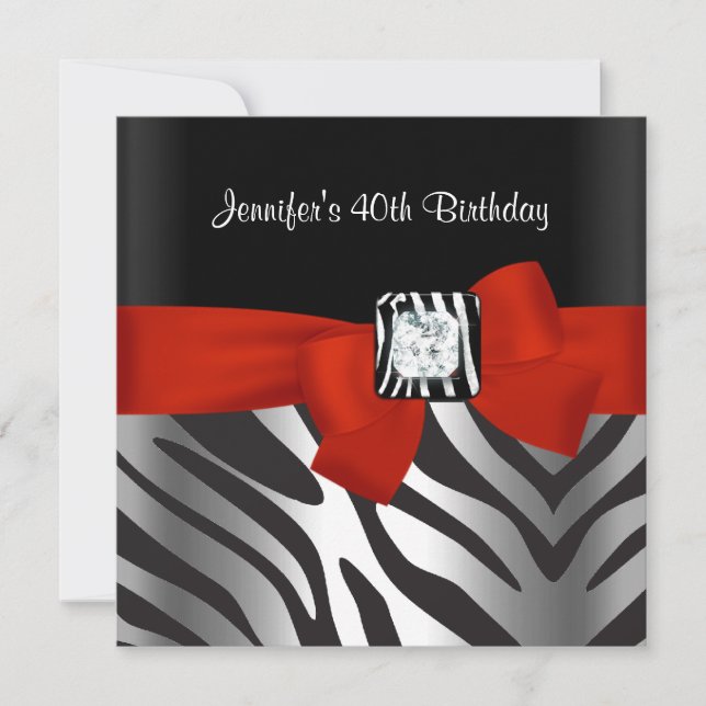40th Birthday Party Black Zebra Stripe Red Bow Invitation (Front)