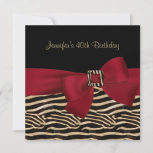 40th Birthday Party Black Zebra Stripe Red Bow Invitation