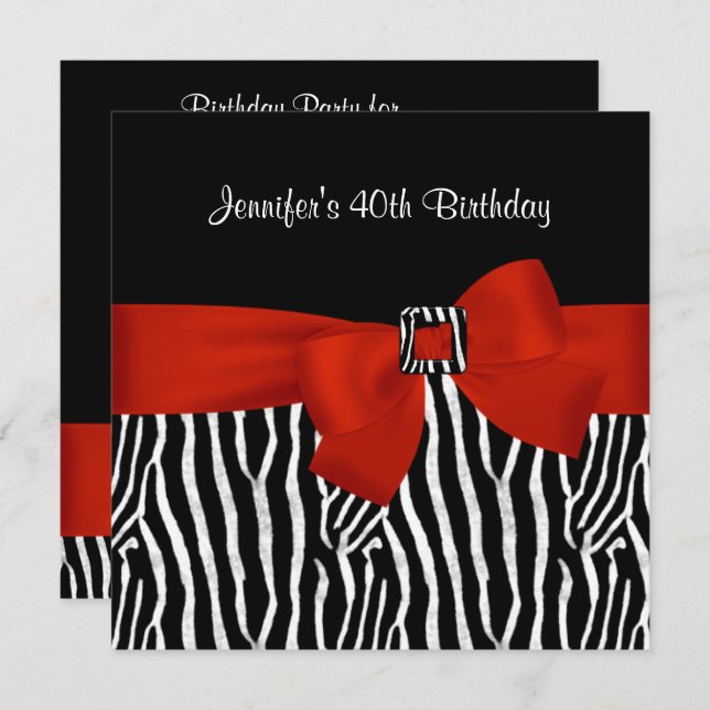 40th Birthday Party Black Zebra Stripe Red Bow Invitation (Front/Back)