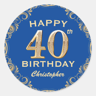 40th Birthday Party Blue and Gold Glitter Frame Classic Round Sticker