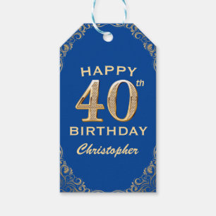 40th Birthday Party Blue and Gold Glitter Frame Gift Tags