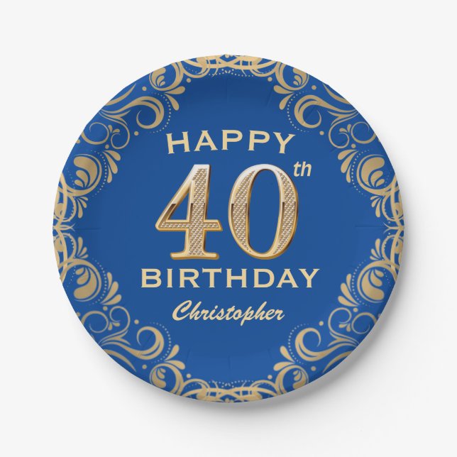 40th Birthday Party Blue and Gold Glitter Frame Paper Plate (Front)