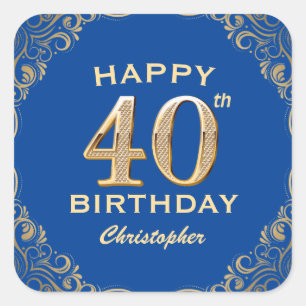 40th Birthday Party Blue and Gold Glitter Frame Square Sticker