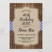 40th Birthday Party Blue Gingham Burlap BBQ Invite