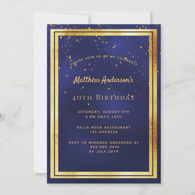 40th birthday party blue gold confetti sprinkle invitation (Front)