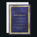 40th birthday party blue gold confetti sprinkle invitation<br><div class="desc">A trendy,  modern 40th birthday party invitation card for men,  guys,  male.   A dark blue,  navy blue background. The blue colour is uneven.  With a faux gold frame and golden confetti sprinkle,  golden coloured letters. Templates for your party information.
Back: blue background with confetti sprinkle.</div>