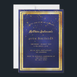 40th birthday party blue gold confetti sprinkle invitation<br><div class="desc">A trendy,  modern 40th birthday party invitation card for men,  guys,  male.   A dark blue,  navy blue background. The blue colour is uneven.  With a faux gold frame and golden confetti sprinkle,  golden coloured letters. Templates for your party information.
Back: blue background with confetti sprinkle.</div>