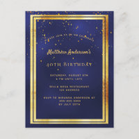 40th birthday party blue gold shiny invitation