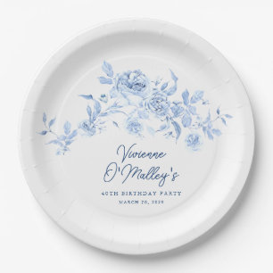 40th Birthday Party Blue Rose Floral Custom Paper Plate