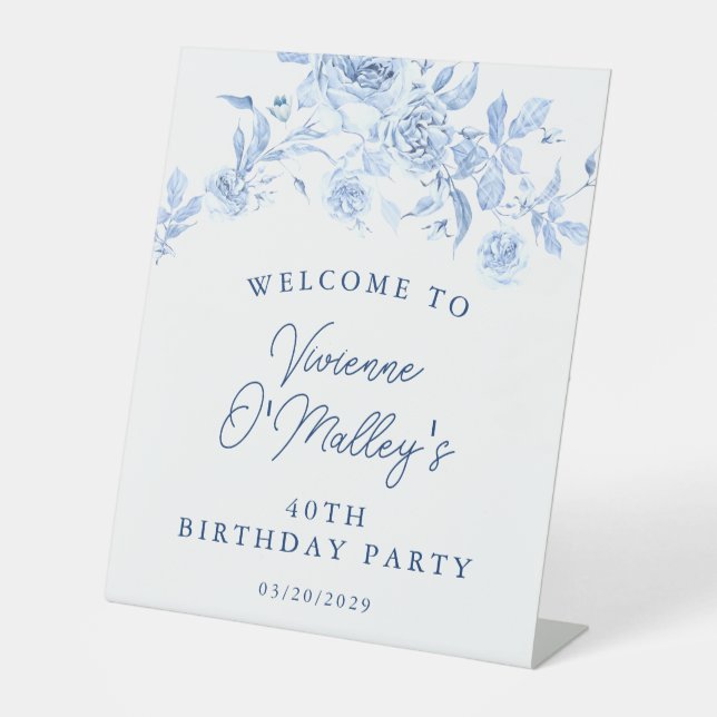 40th Birthday Party Blue Rose Floral Welcome Pedestal Sign (Front)