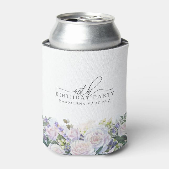 40th Birthday Party Blue White Floral Custom Can Cooler (Can Front)