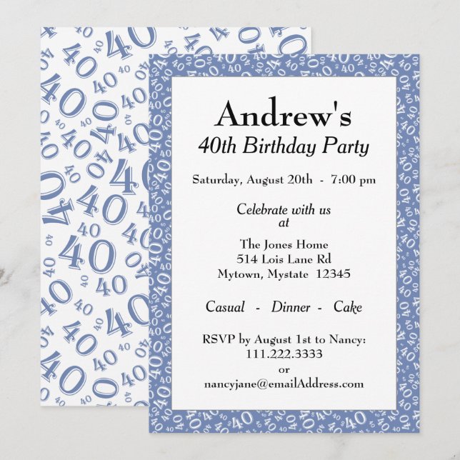 40th Birthday Party - Blue/White Number Pattern Invitation (Front/Back)