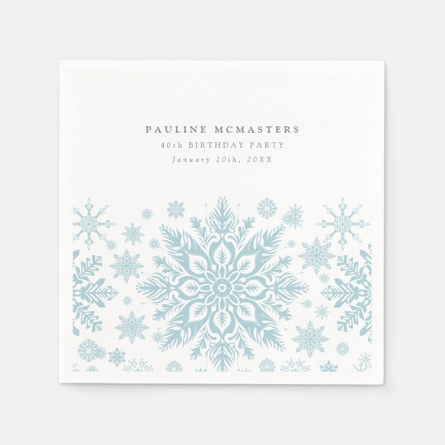 40th Birthday Party Blue White Snowflake Winter Napkin (Front)