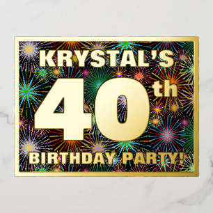 40th Birthday Party: Bold, Colourful Fireworks Loo Foil Invitation Postcard