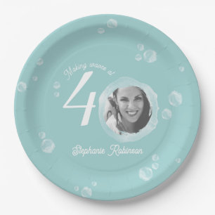 40th Birthday Party Bubble Muted Teal Paper Plate