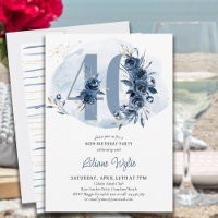 40th Birthday Party Coastal Blue Floral Number 40