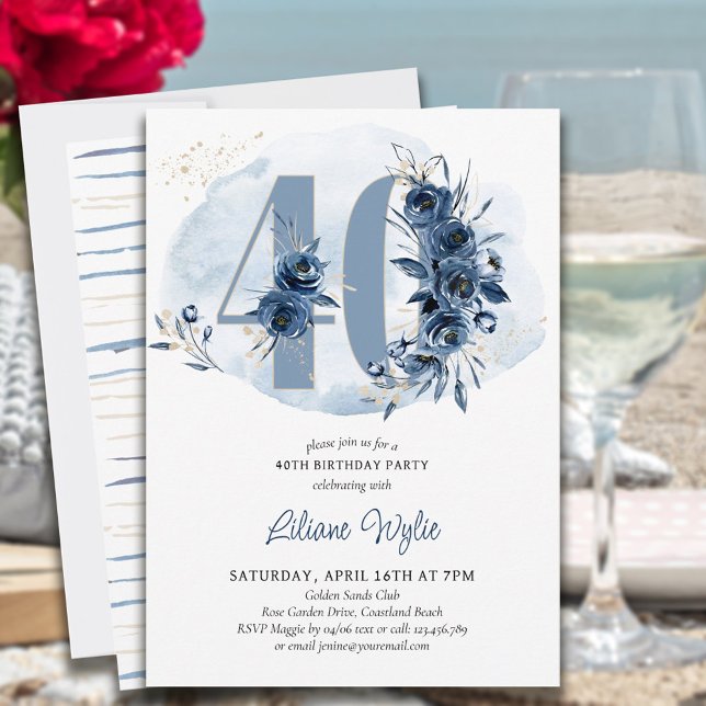 40th Birthday Party Coastal Blue Floral Number 40 Invitation (Creator Uploaded)