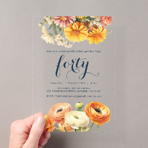 40th Birthday Party Colourful Floral Botanical Acrylic Invitations