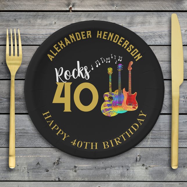 40th Birthday Party Custom Music Guitars Rocks 40 Paper Plate (Rock and roll black and gold 40th birthday party paper plate)