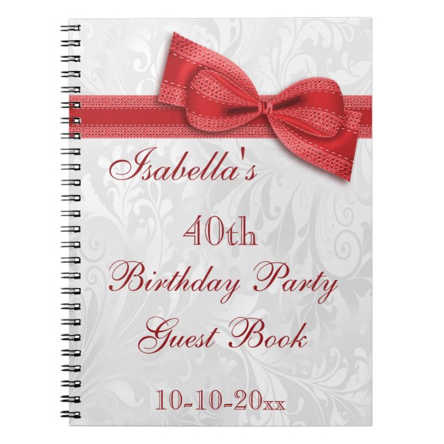 40th Birthday Party Damask and Bow Notebook (Front)