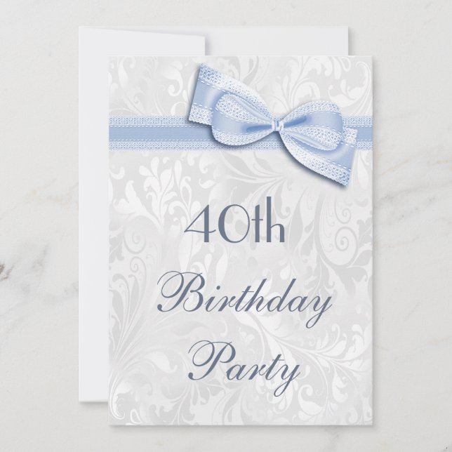 40th Birthday Party Damask and Faux Bow Invitation (Front)