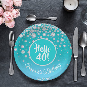40th birthday party diamonds teal blue glitter paper plate