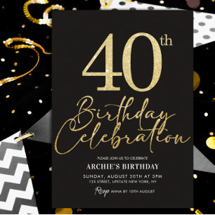 40th Birthday Party Elegant Black & Gold Glitter Invitation