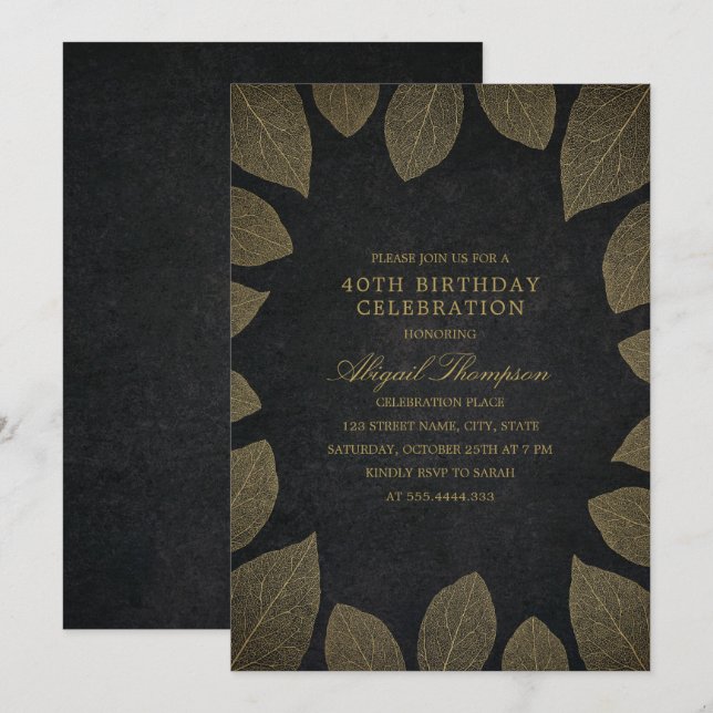 40th Birthday Party Elegant Black Gold Leaves Invitation (Front/Back)